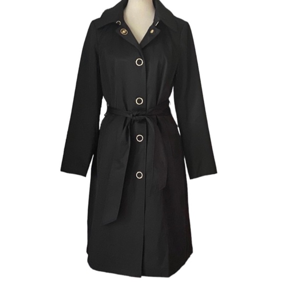 Anne Klein Black Belted Trench Coat with Removable Hood Size Medium - Picture 3 of 8